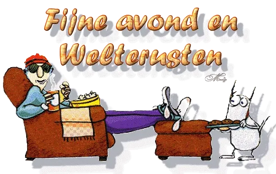 Een cartoon van een man die relaxeert in een stoel, met snacks en een insect erbij.