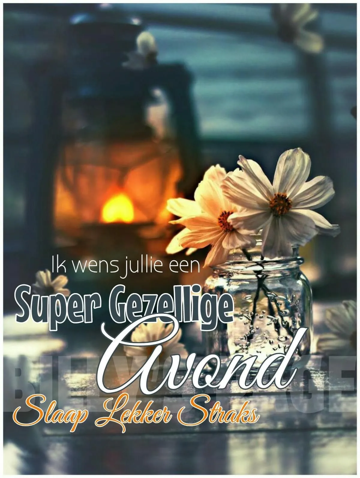 Kaarslicht met bloemen in een pot, een uitnodigende avondgroet.