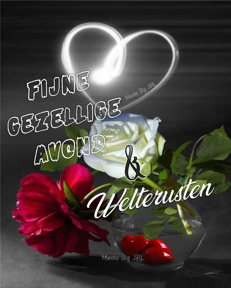 Witte en rode bloemen in een vaas met de tekst "Fijne gezellige avond & Welterusten".