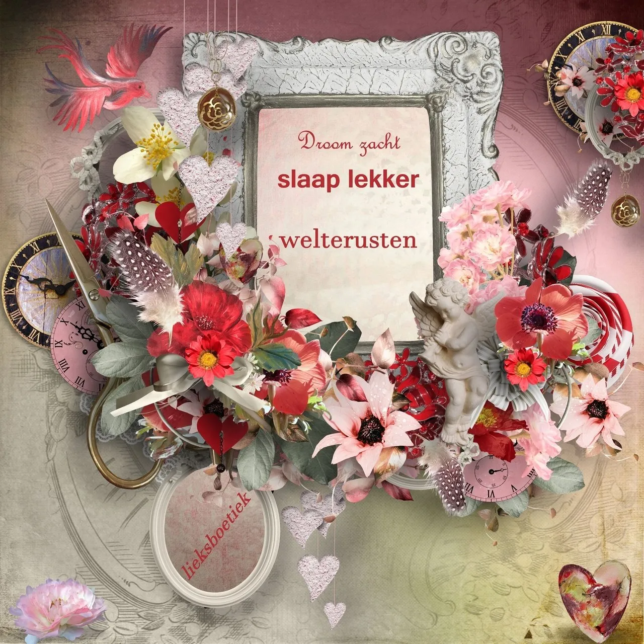 Kleurige collage met bloemen, een engel en de tekst "Droom zacht, slaap lekker, welterusten".