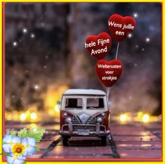 Een vintage auto met hartballonnen en een wens voor een fijne avond.