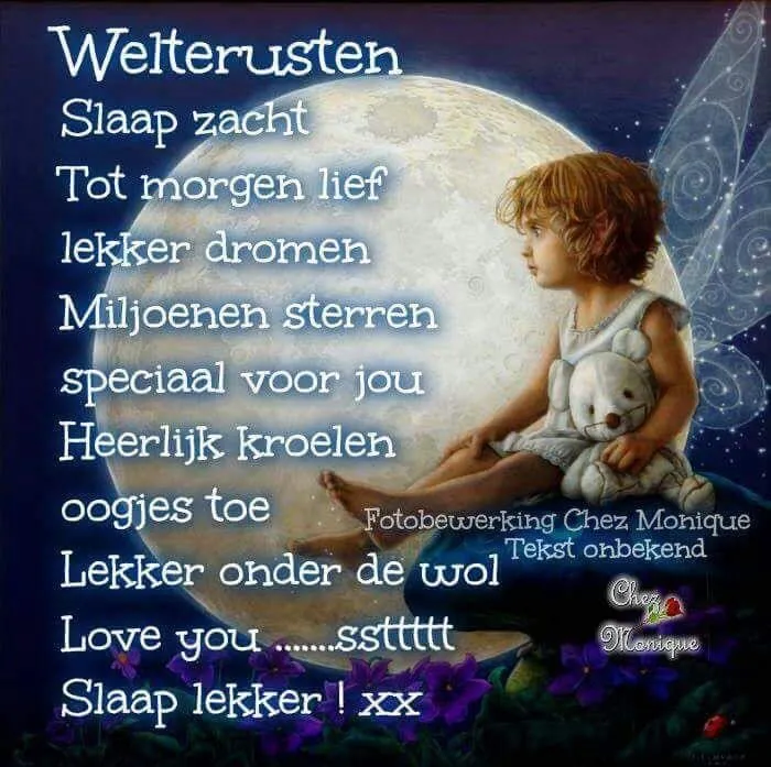 Een kind ligt rustig met een knuffelbeer onder een grote maan. Tekst over slapen.