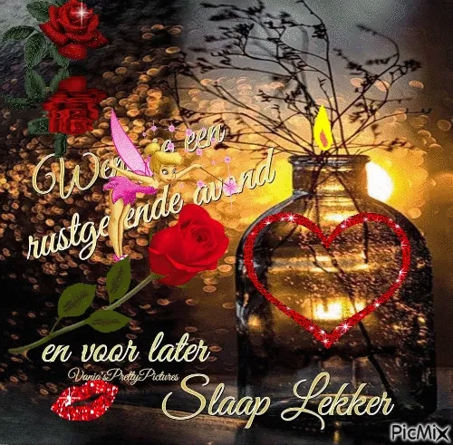 ᐅ fijne avond gif - Fijne avond plaatjes Een romantische afbeelding met een fles, rozen en de tekst "Slaap Lekker".
