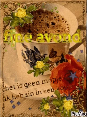 ᐅ fijne avond gif - Fijne avond plaatjes Beker koffie met bloemenmotief, tekst "fijne avond" en een rode roos.