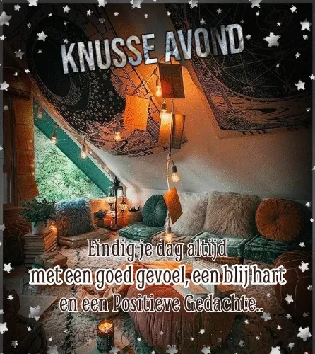 ᐅ fijne avond gif - Fijne avond plaatjes Gezellige kamer met sfeervolle verlichting en inspirerende tekst op de muur.
