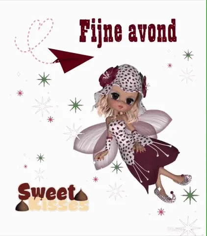 ᐅ fijne avond gif - Fijne avond plaatjes Een fee met een hoed, die een fijne avond en zoete kussen wenst, omringd door sterren.