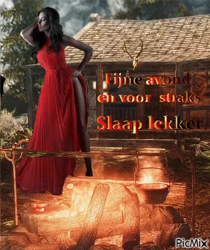 ᐅ fijne avond gif - Fijne avond plaatjes Een vrouw in een rode jurk naast een kampvuur bij een houten huis.