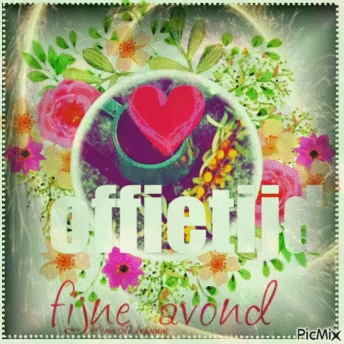 ᐅ fijne avond gif - Fijne avond plaatjes Kleurige achtergrond met tekst "offietijd" en "fijne avond" en bloemen.