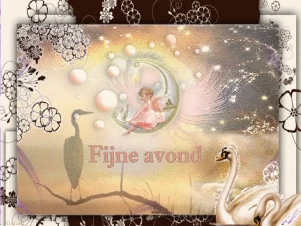 ᐅ fijne avond gif - Fijne avond plaatjes Illustratie van een fee, met de tekst "Fijne avond" en bloemen op de achtergrond.