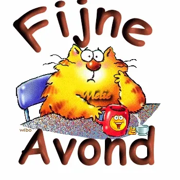 ᐅ fijne avond gif - Fijne avond plaatjes Een cartoon van een kat die aan tafel zit met een kopje en de tekst 'Fijne Avond'.