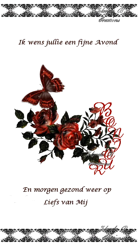 ᐅ fijne avond gif - Fijne avond plaatjes Decoratieve afbeelding met rode rozen en een vlinder, met een vriendelijke tekst.