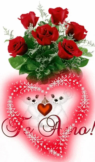 ᐅ fijne avond gif - Fijne avond plaatjes Een vaas met rode rozen en schattige tekeningen van twee beren in een hart.