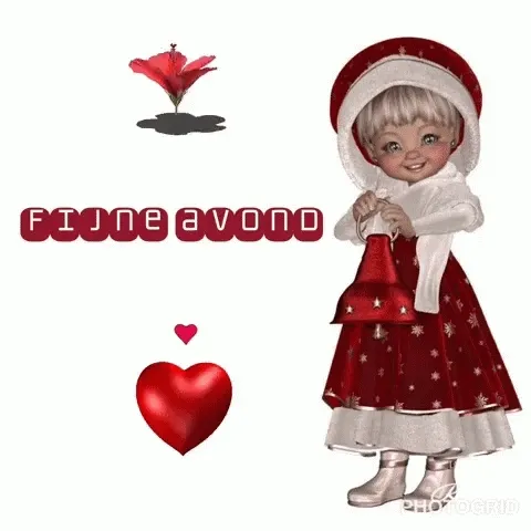 ᐅ fijne avond gif - Fijne avond plaatjes Een schattig meisje in een rode jurk met sterren, houdt een bel vast. Tekst: "Fijne avond".