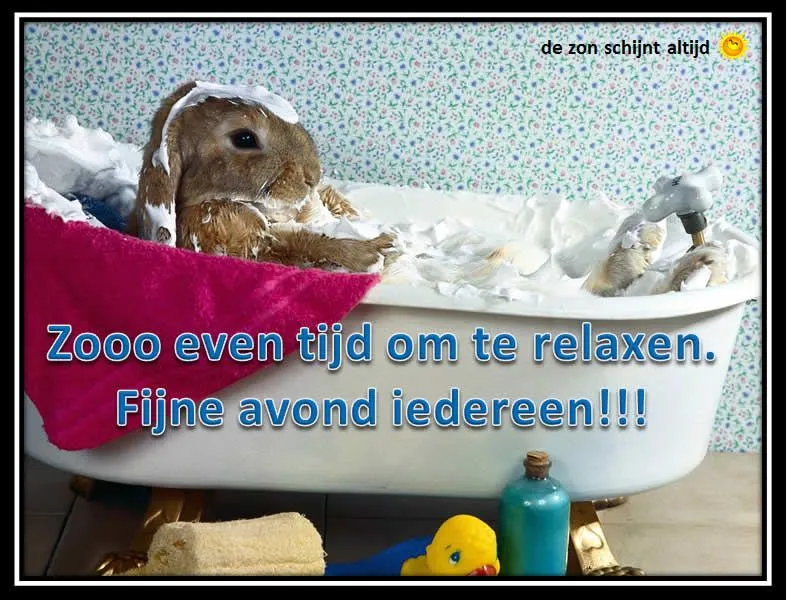 ᐅ fijne avond grappig - Fijne avond plaatjes Konijn in bad met schuim, ontspannen en vrolijk. Tekst: "Zoooo even tijd om te relaxen."