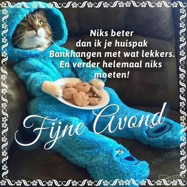 ᐅ fijne avond grappig - Fijne avond plaatjes Kat in een blauw huispak, zittend met een bord koekjes. Tekst: "Fijne Avond".