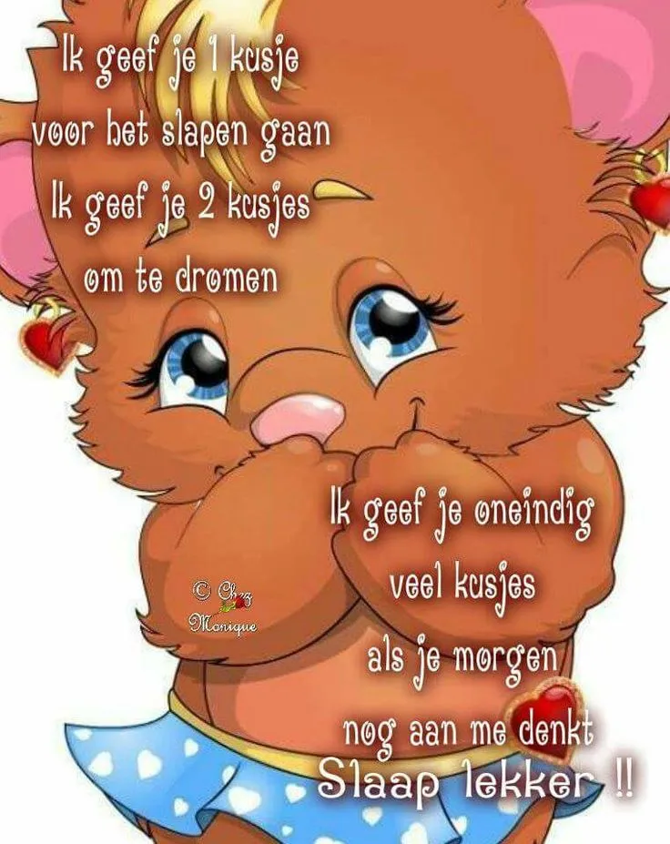 ᐅ fijne avond grappig - Fijne avond plaatjes Een schattige cartoonbeer met een boodschap over kusjes voor het slapen gaan.