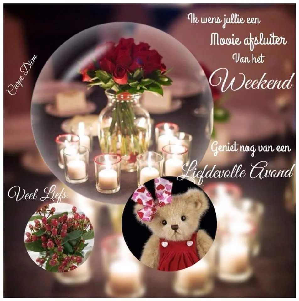 Kaarsen en bloemen met tekst voor een liefdevolle avond.