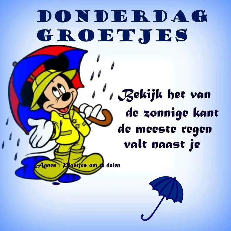 Mickey Mouse met een paraplu in regenachtige weer, tekst over zonnige kanten.