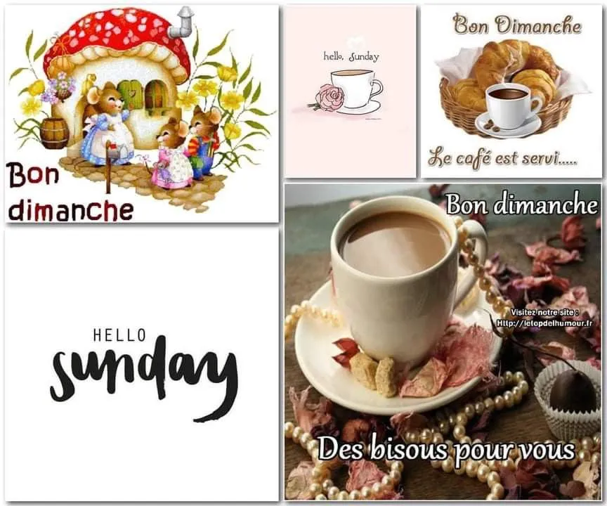 Collage van zondagsgroeten met illustraties van koffie en gebak.