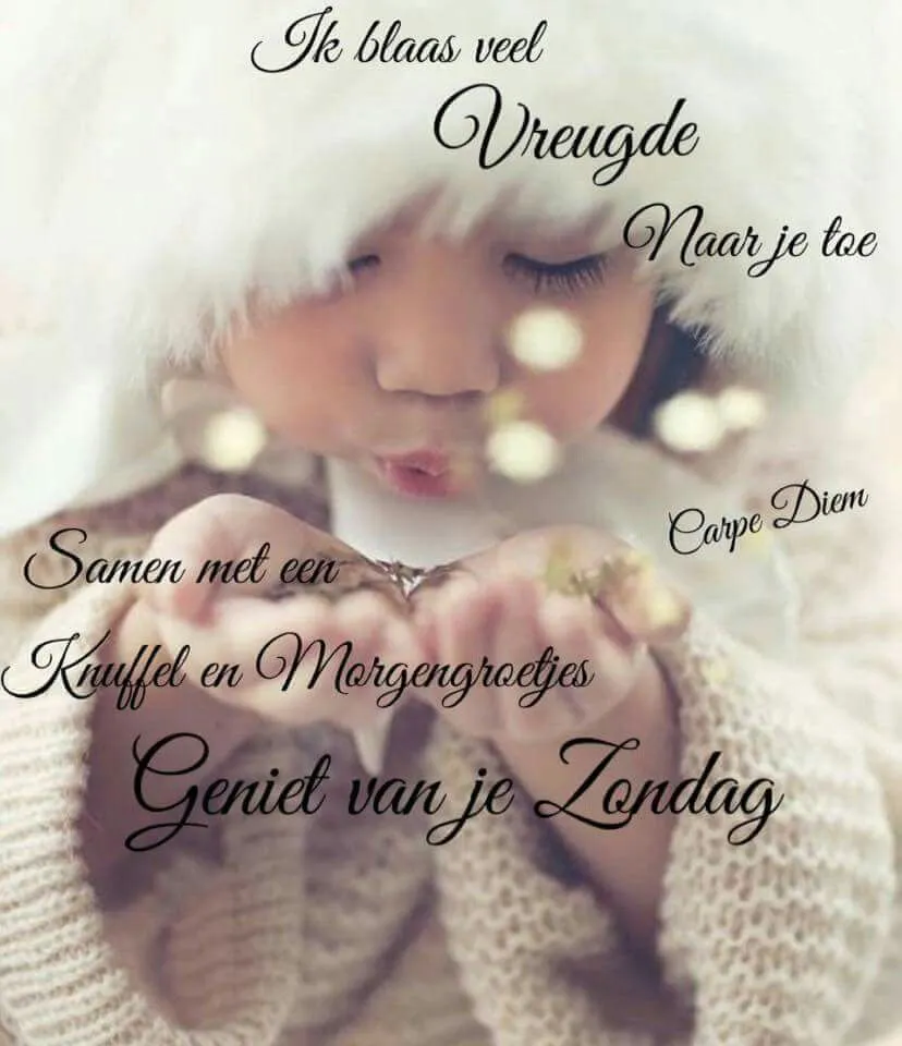 Meisje in een hoed blaast vreugde, met tekst over genieten van de zondag.