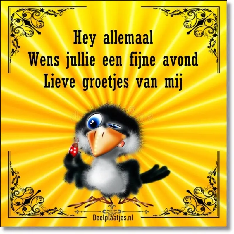 ᐅ fijne avond humor - Fijne avond plaatjes Een vrolijke vogel met een lieveheersbeestje, achtergrond in gele stralen.
