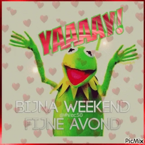 ᐅ fijne avond humor - Fijne avond plaatjes Groene kikker met verheugde armen, tekst: "Bijna weekend, fijne avond!"