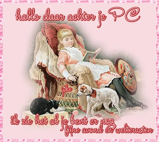 ᐅ fijne avond humor - Fijne avond plaatjes Meisje met een boek, zittend op een stoel, omringd door honden. Koffiekleurige achtergrond.