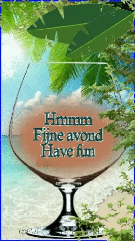 ᐅ fijne avond humor - Fijne avond plaatjes Een glas met de tekst "Fijne avond" en een tropische achtergrond.