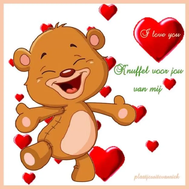 Een vrolijke teddybeer met hartjes en de tekst "Ik hou van jou".