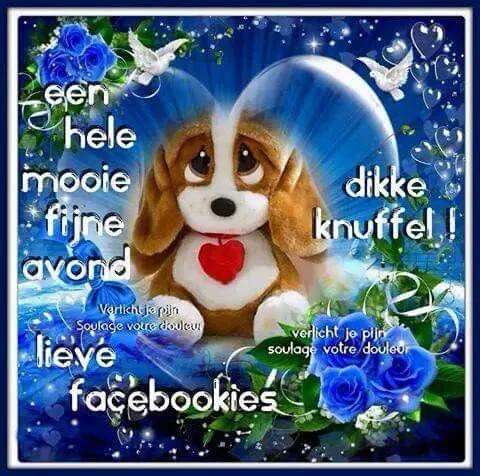 Een schattige hond met een hartje, omgeven door bloemen en tekst over knuffels.