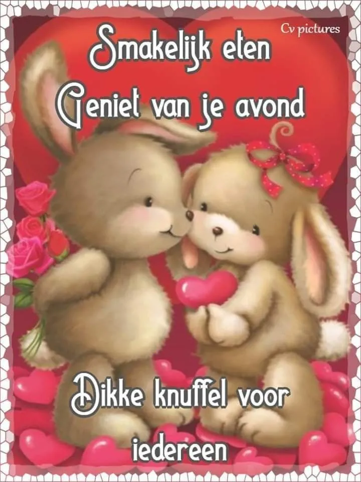 Twee schattige konijntjes delen een liefdevol moment met harten. Tekst over avondgroeten.