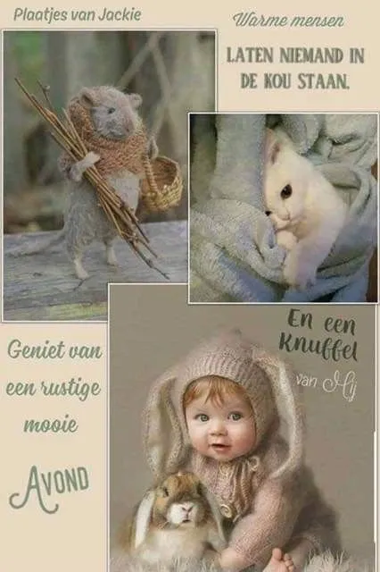 Een collage van schattige dieren en een baby met konijnenoortjes, met warme tekst.