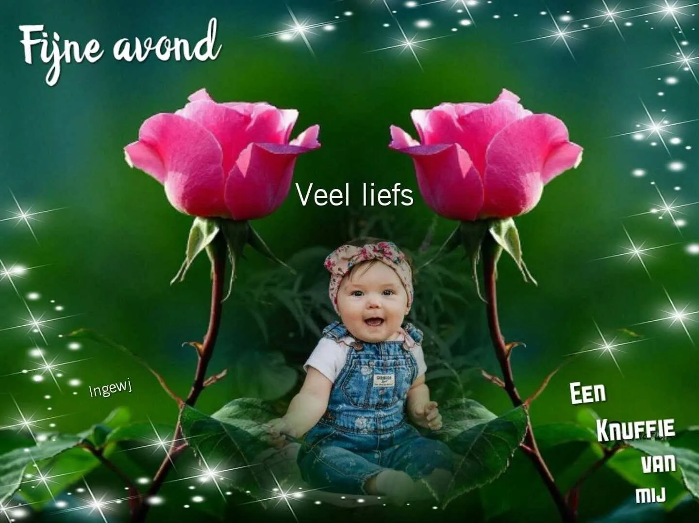 Een schattig kind tussen rozen met de tekst "Fijne avond" en "Veel liefs".