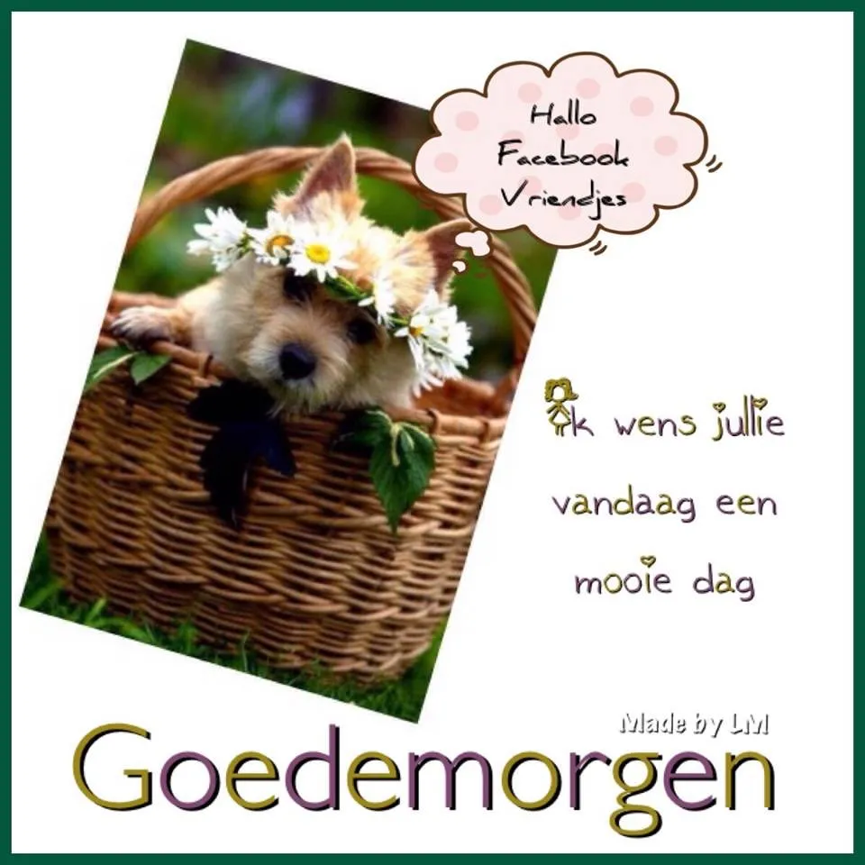 Hond in mand met bloemen, boodschap "Goedemorgen" op de achtergrond.