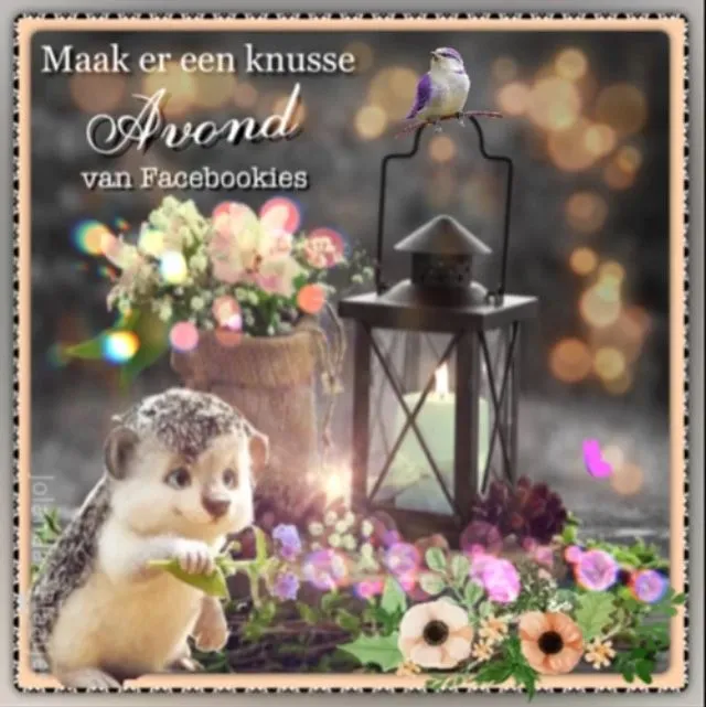 Een schattig egeltje en vogel met bloemen en een lantaarn op een sfeervolle achtergrond.