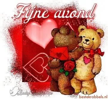 Twee schattige beren met een hartje en een liefdesbrief, op een achtergrond van harten.