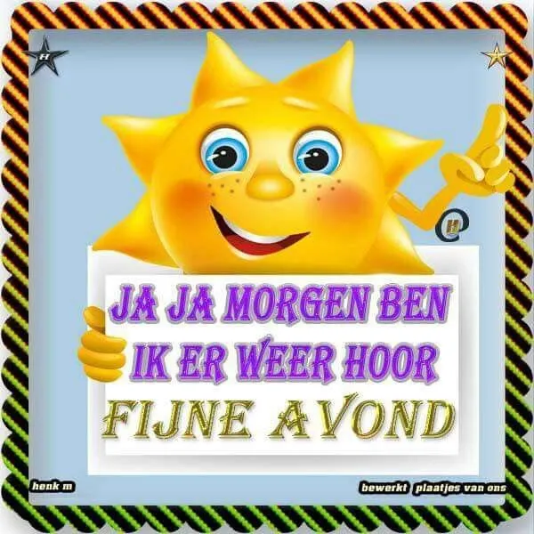 Een zon met een bord waarop staat: "Fijne avond".