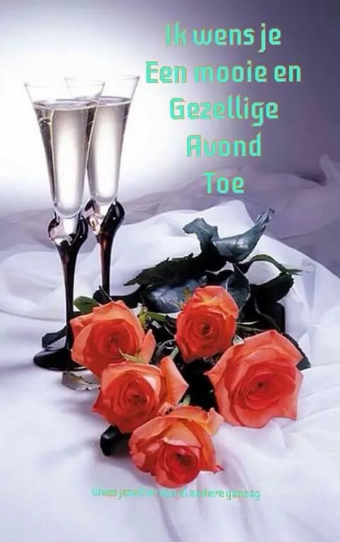 Twee glazen champagne en rozen met de tekst: "Ik wens je een mooie en gezellige avond toe."