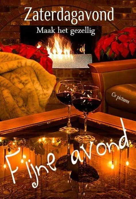 Gezellig interieur met open haard, kaarsen en wijnglazen. Tekst: "Fijne avond".