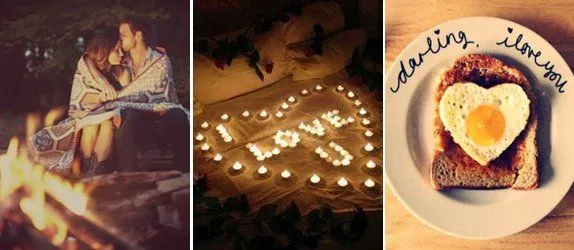 Een koppel in een deken, kaarsen met 'I love you', en een ontbijtbord met hartvormig ei.