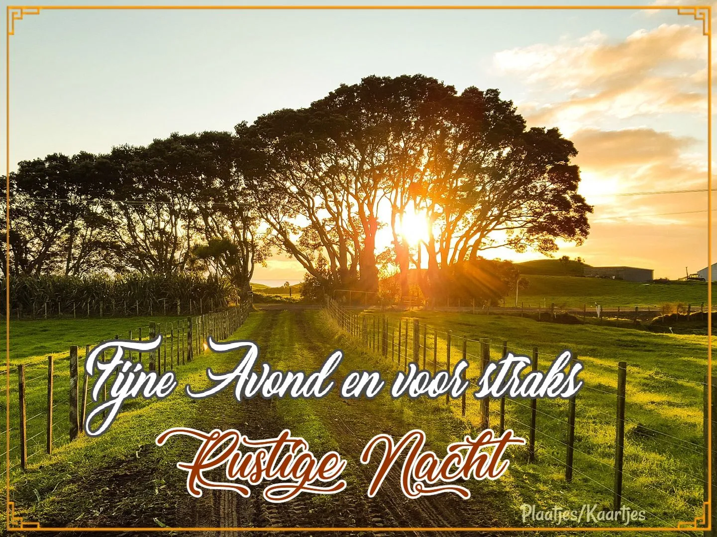 Zonsondergang achter bomen langs een omheinde weg, met tekst over een fijne avond.