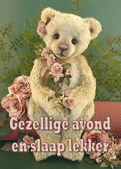 ᐅ fijne avond tot morgen - Fijne avond plaatjes Knuffelbeer met bloemen, tekst 'Gezellige avond en slaap lekker'.