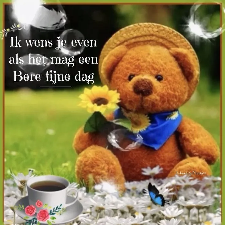 ᐅ fijne avond tot morgen - Fijne avond plaatjes Een teddybeer met zonnebloemen en een kopje koffie, met een vrolijke boodschap.