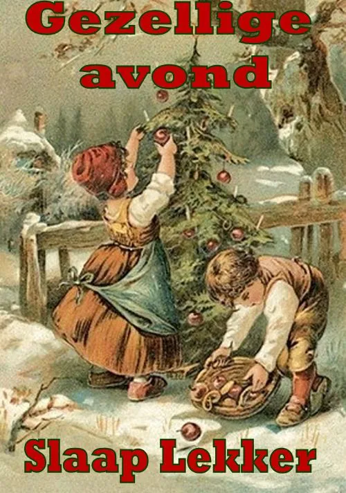 ᐅ fijne avond tot morgen - Fijne avond plaatjes Kinderen versieren een kerstboom in een sneeuwlandschap. Gezellige avond sfeer.