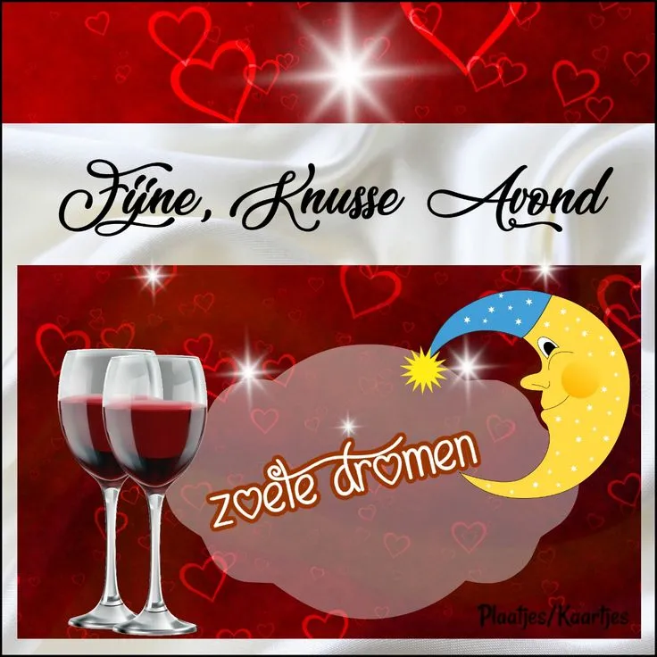 ᐅ fijne avond tot morgen - Fijne avond plaatjes Witte en rode achtergrond met wijn en tekst "zoete dromen" onder een maan.