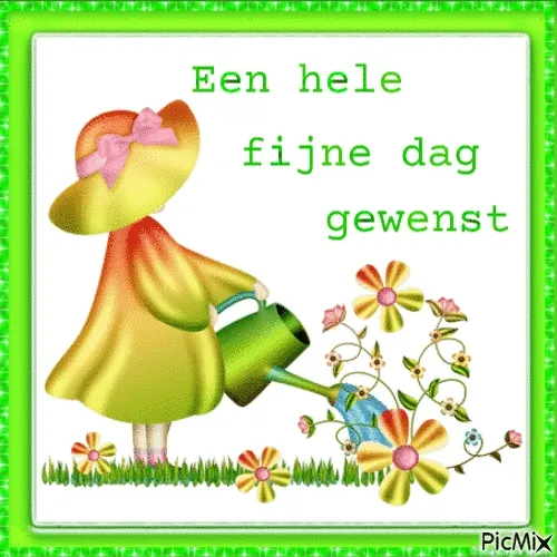 ᐅ Gratis Fijne Dag Wensen - De Leukste Kaarten - Fijne Dag plaatjes Een figuur met een gieter, omringd door bloemen en de tekst "Een hele fijne dag gewenst".