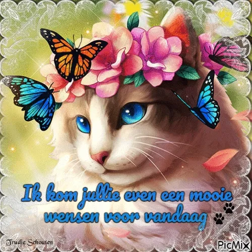 ᐅ Gratis Fijne Dag Wensen - De Leukste Kaarten - Fijne Dag plaatjes Fijne dag - Een schattige kat met bloemen en vlinders, met een positieve boodschap voor de dag.