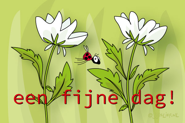 ᐅ Gratis Fijne Dag Wensen - De Leukste Kaarten - Fijne Dag plaatjes Illustratie van twee bloemen met de tekst "een fijne dag!" en een lieveheersbeestje.