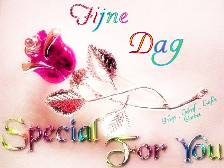 ᐅ Gratis Fijne Dag Wensen - De Leukste Kaarten - Fijne Dag plaatjes Kleurrijke tekst 'Fijne Dag' met een roos en de woorden 'Special For You'.