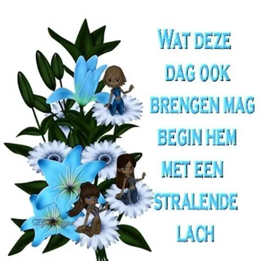 ᐅ fijne dag gewenst - Fijne Dag plaatjes Illustratie van bloemen met twee tekenfilmfiguren en inspirerende tekst.